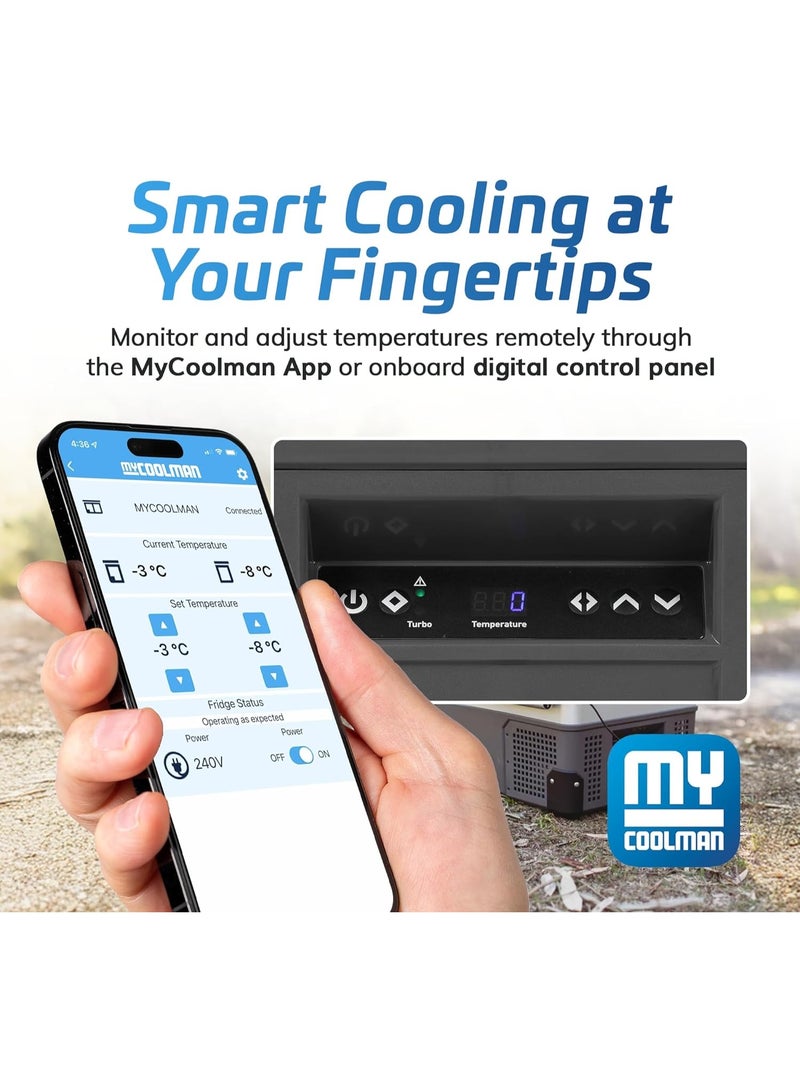 myCOOLMAN 60 "الكل في واحد" – ثلاجة ومجمد محمولة بسعة 60 لتر، 12/24 فولت DC و240 فولت AC، تحكم عبر تطبيق بلوتوث، حماية البطارية وتصميم منخفض، منفذ USB، تبريد من -22 °C إلى +10 °C - Image 4